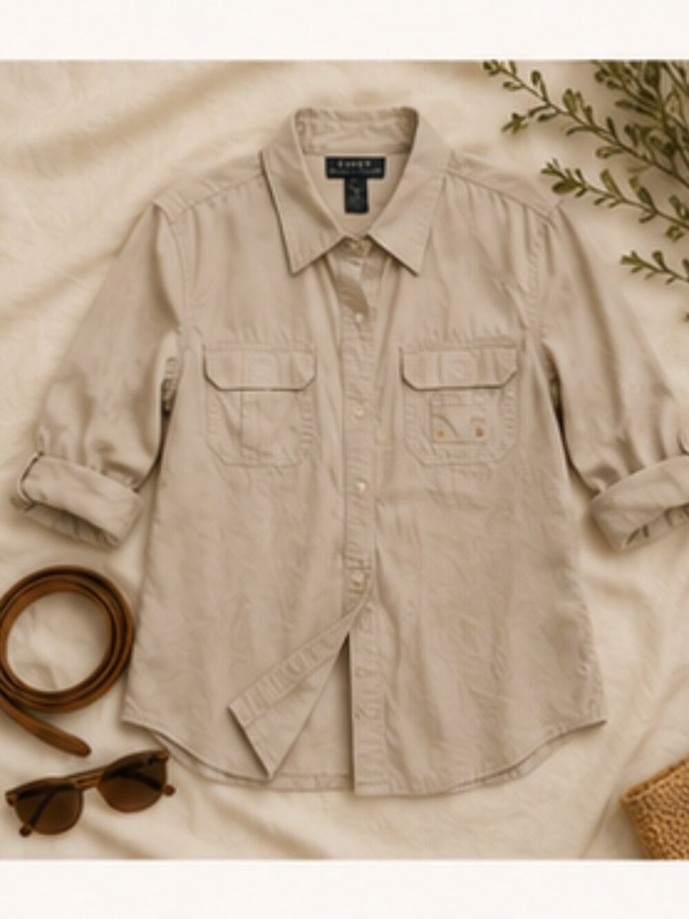 Lauren Ralph Lauren Safari Utility Shirt Khaki Cotton Quiet Luxury Equestrian L - Picture 5 of 10
